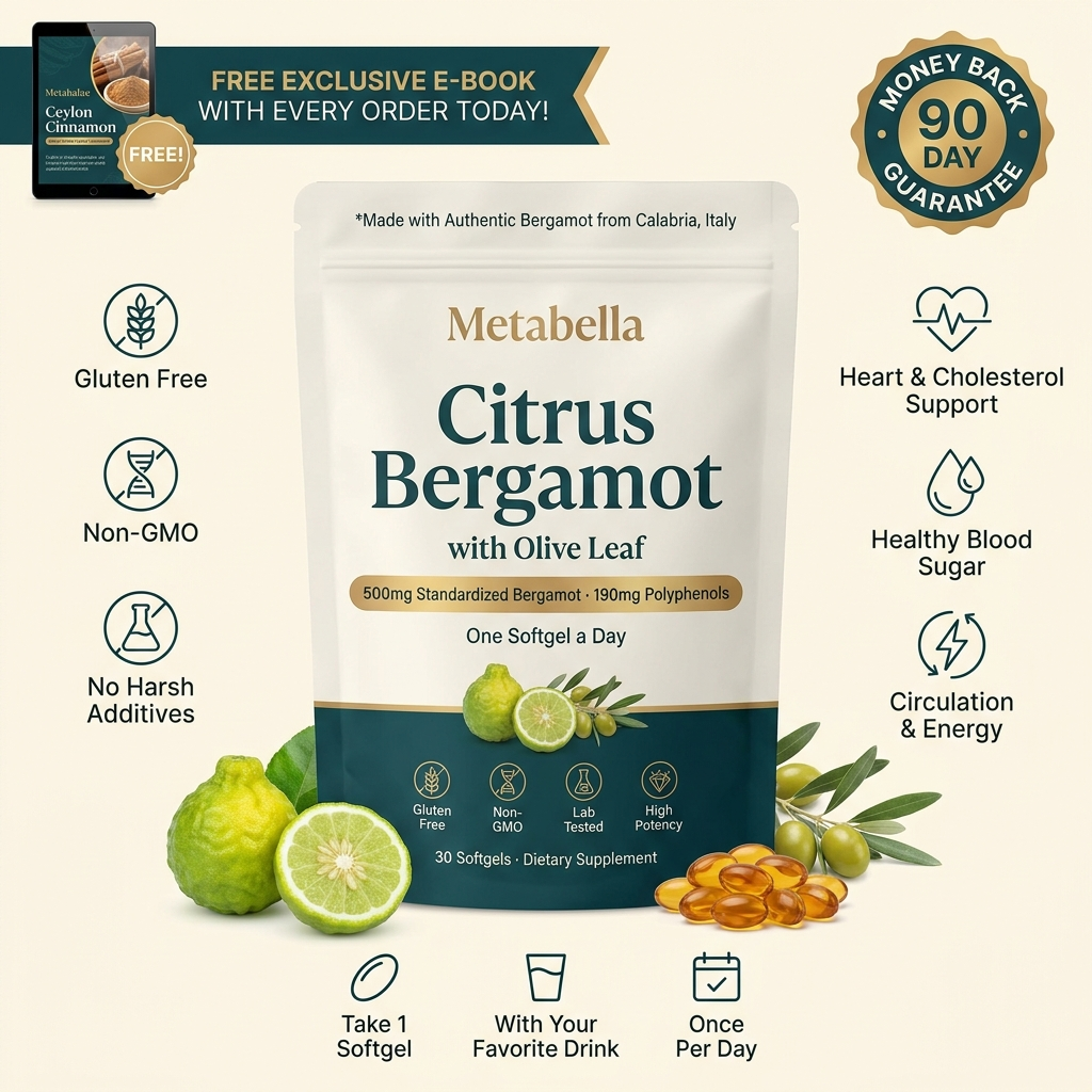 Metabella Citrus Bergamot with Olive Leaf – 500mg standardized bergamot, 190mg polyphenols, 30 softgels, one softgel a day, 90-day money-back guarantee